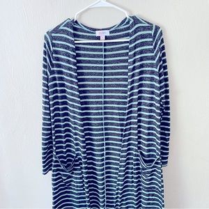 LuLaRoe Sarah Cardigan, Gray/Black & Mint Green Striped, Long with pockets